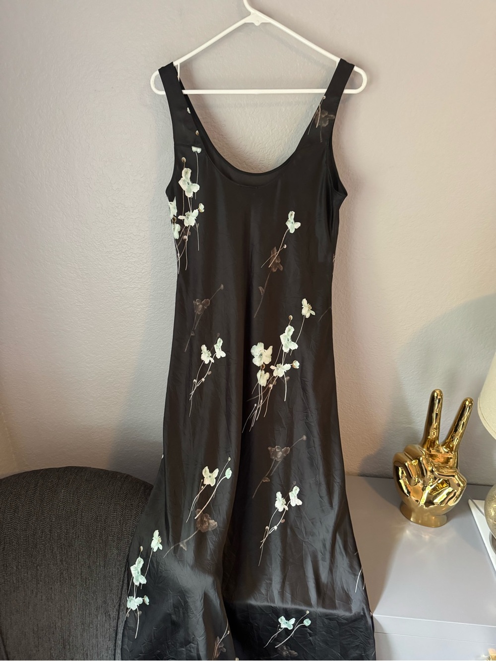 Calvin Klein Black Slip Midi Dress with Cream Floral Accents